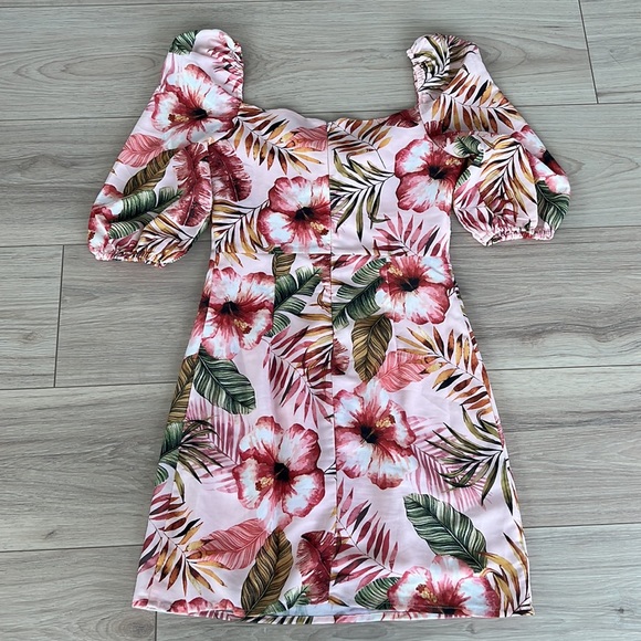 Lulu’s Zaliki Pink Tropical Print Tie-Front Puff Sleeve Mini Dress - Picture 13 of 16